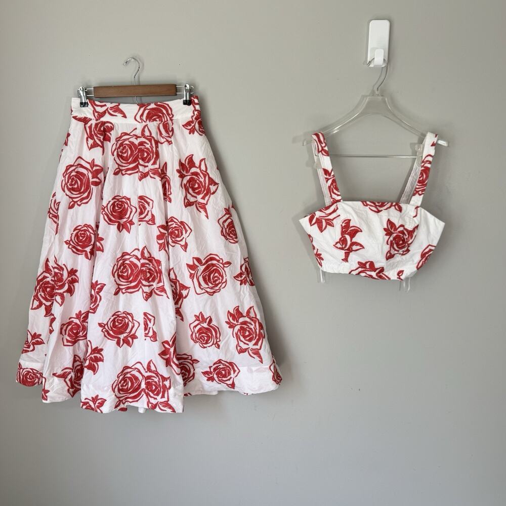 Milly Juliet Rose Embroidered Midi Skirt Top Set Size 4 Small Red White Outfit